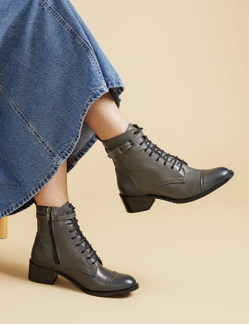 Leather Lace Up Block Heel Ankle Boots