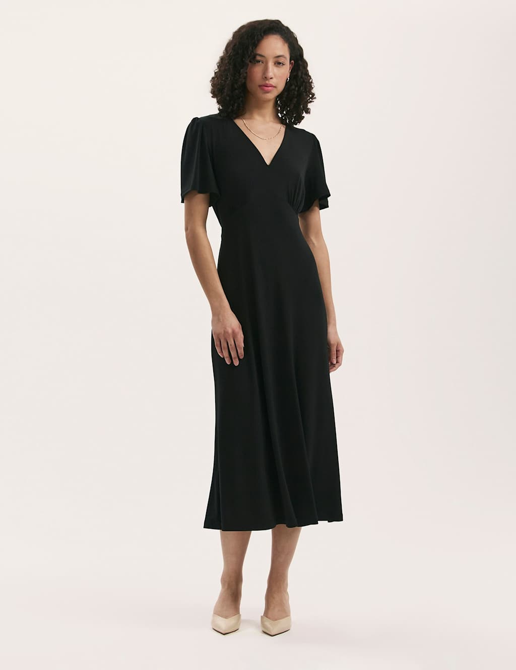 Finery London Jersey V-Neck Angel Sleeve Midi Tea Dress Black