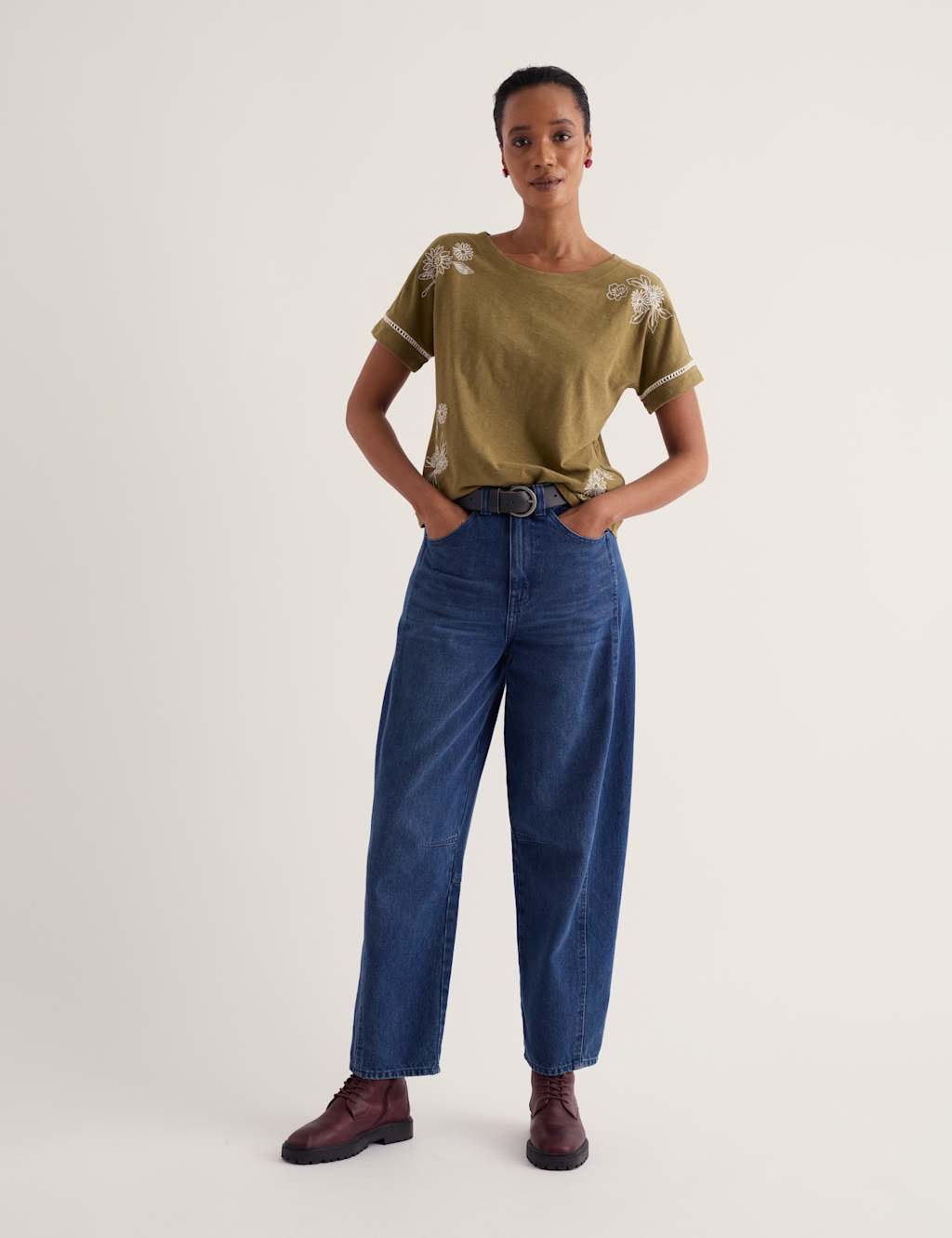 Seasalt Cornwall Women's Pure Cotton Floral Embroidery Relaxed Top - 12 - Dark Green Mix - Available at M&S