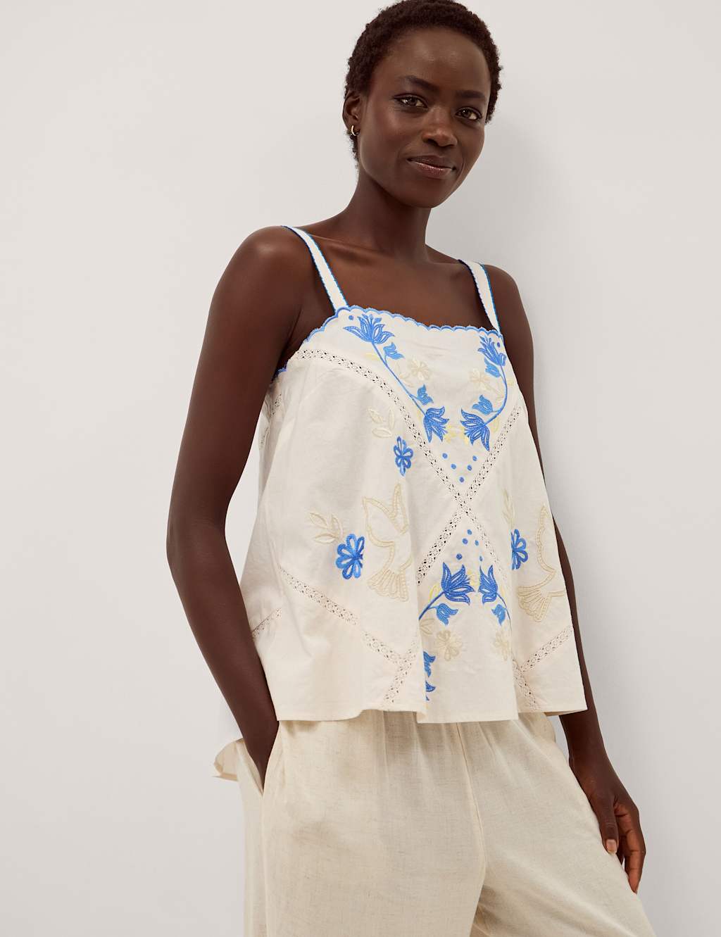 Monsoon Women's Pure Cotton Embroidered Square Neck Cami Top - Extra Large - Ivory - Available at M&S