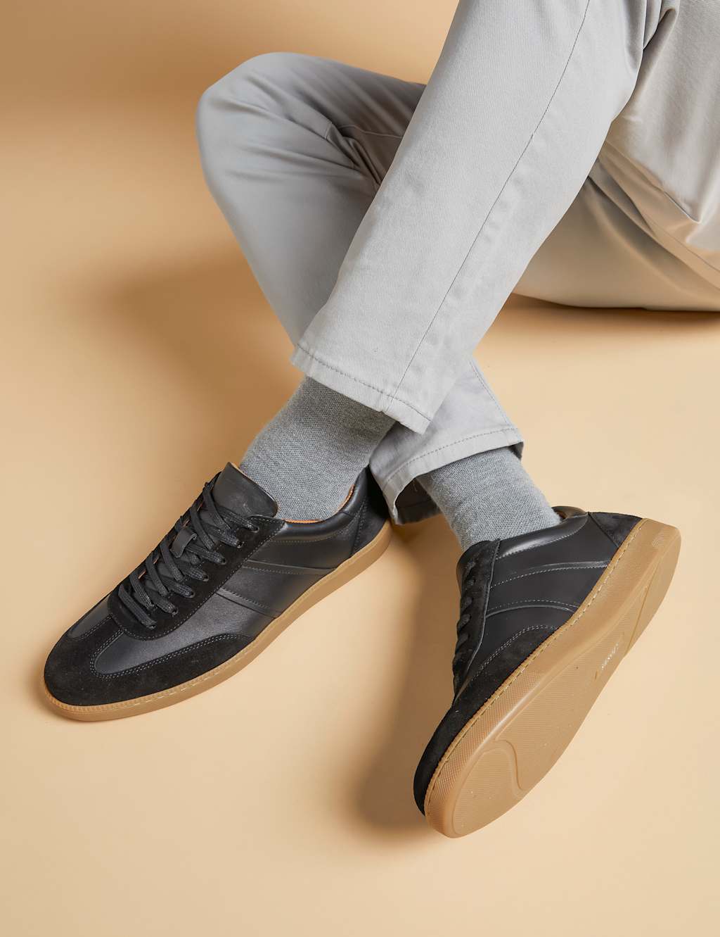Leather Mixed Texture Lace Up Trainers