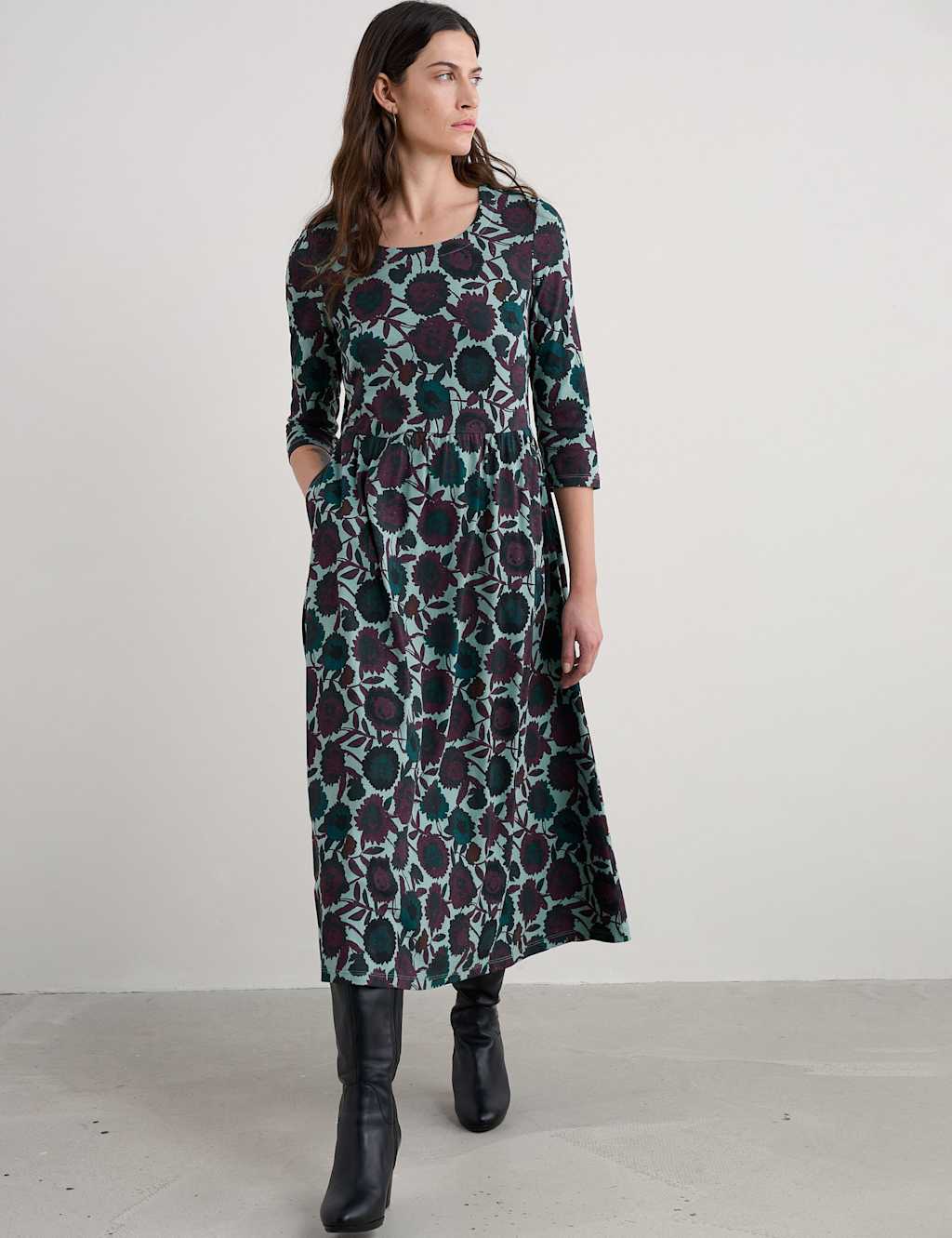 Seasalt Cornwall Cotton Rich Floral Midi Waisted Dress Green Mix