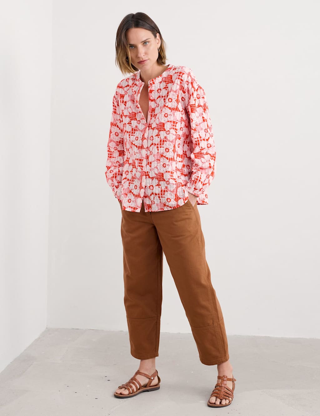 Seasalt Cornwall Pure Cotton Floral Round Neck Shirt Orange Mix