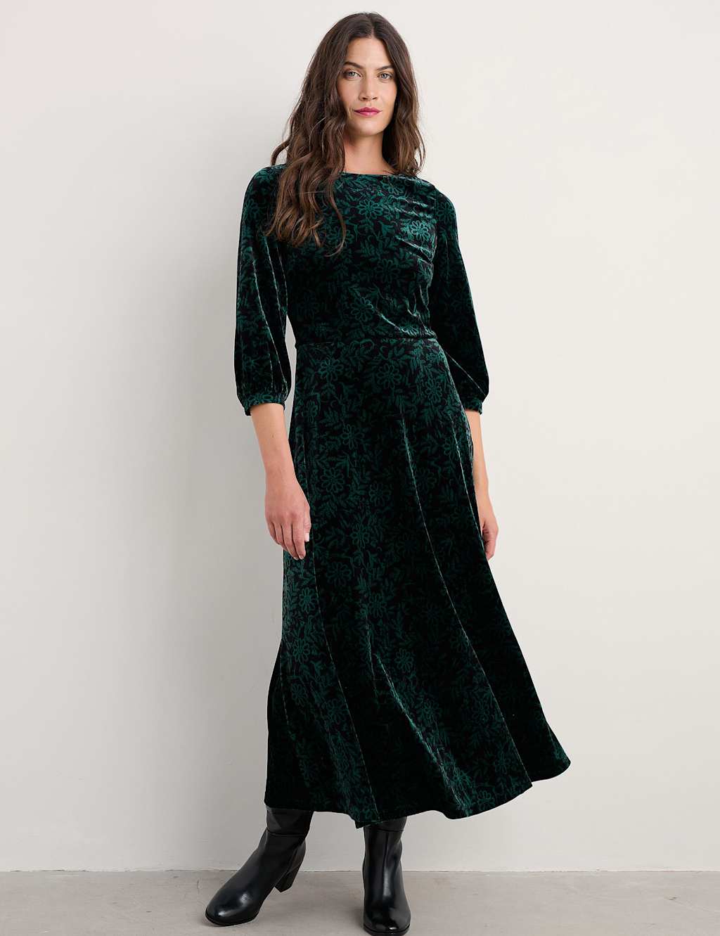 Seasalt Cornwall Velvet Midaxi Skater Dress Green Mix