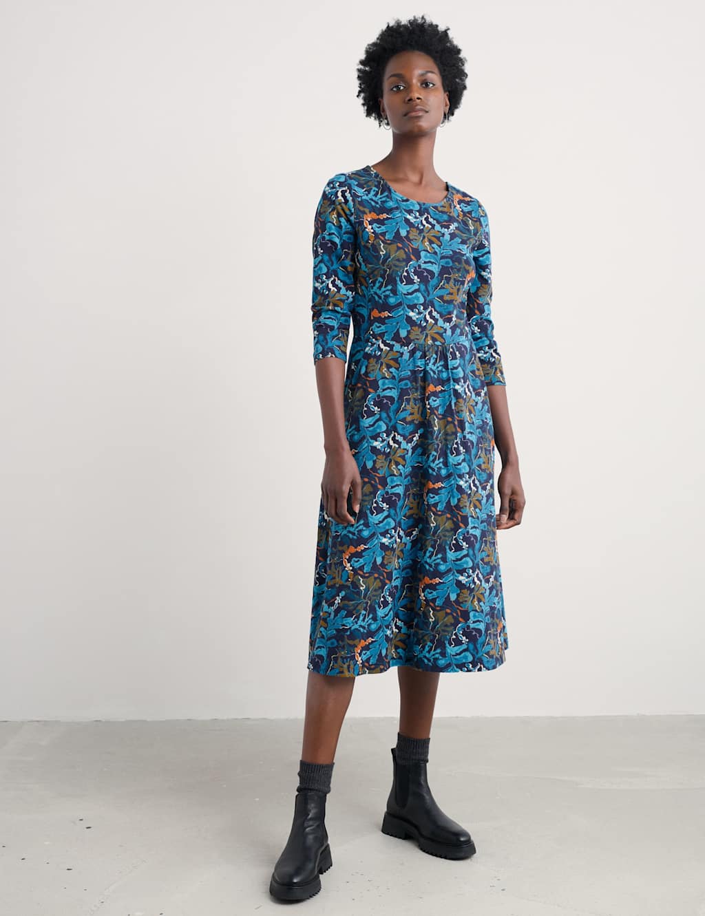 Seasalt Cornwall Cotton Rich Printed Midi Skater Dress Teal Mix