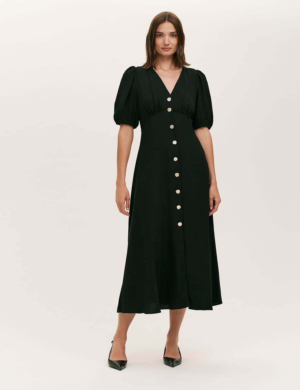 Finery London Crepe V-Neck Puff Sleeve Midi Tea Dress Black