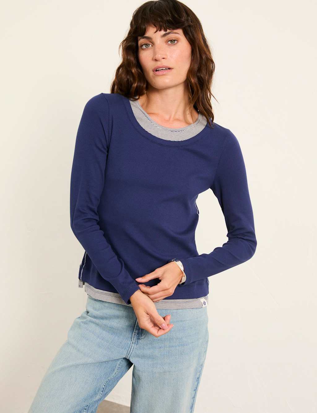 Fatface Women's Cotton Rich Ribbed Top - 12 - Navy Mix - Available at M&S
