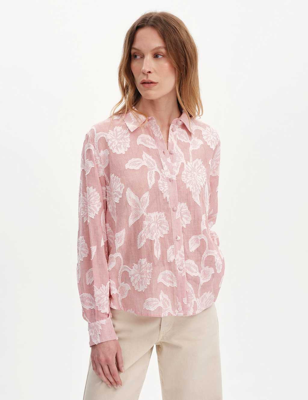 Finery London Women's Pure Cotton Jacquard Embroidered Relaxed Shirt - 10 - Red Mix - Available at M&S
