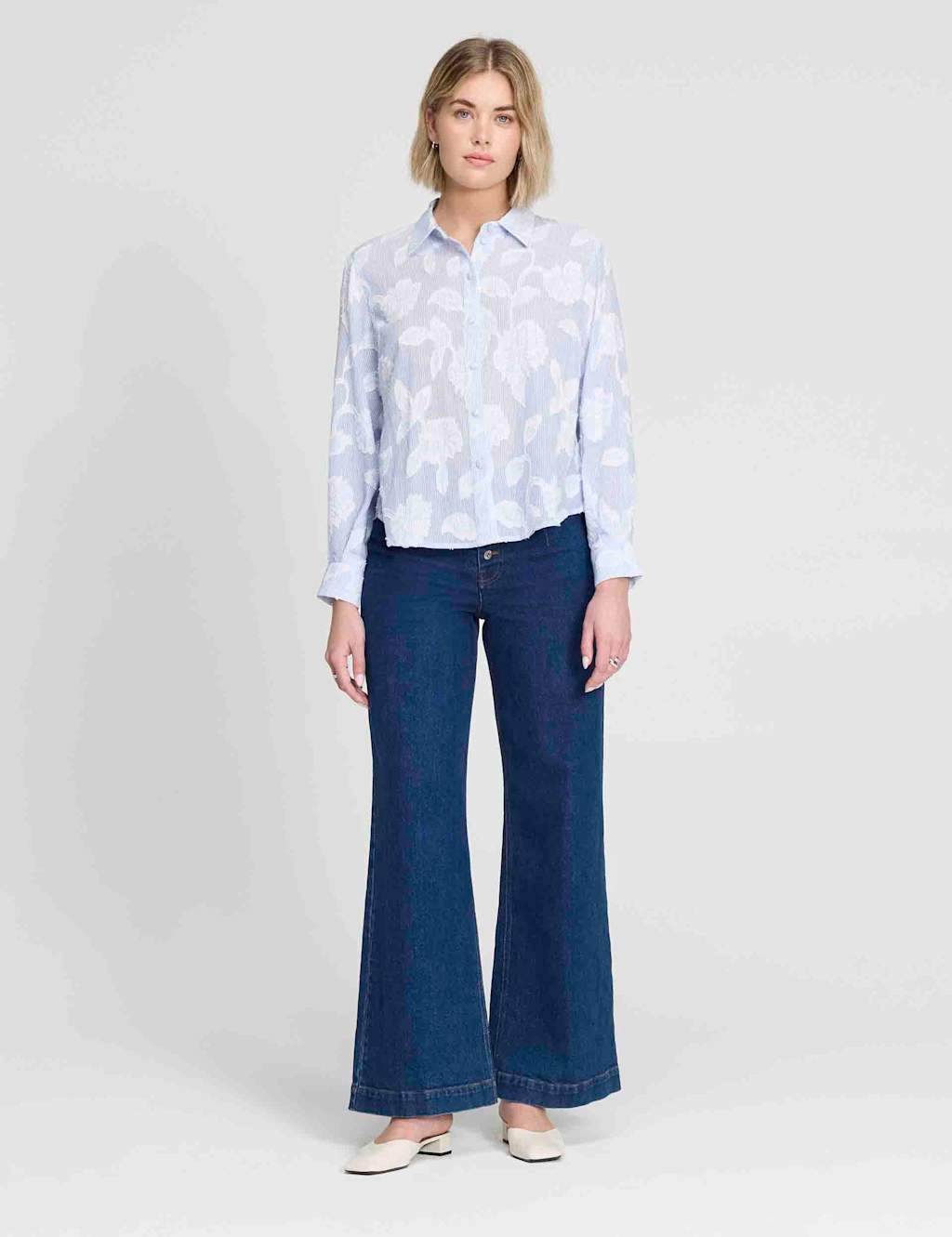 Finery London Women's Pure Cotton Jacquard Embroidered Relaxed Shirt - 22 - Blue Mix - Available at M&S