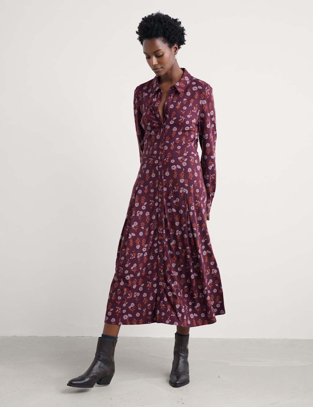 Seasalt Cornwall Cotton Rich Floral Midi Shirt Dress Purple Mix