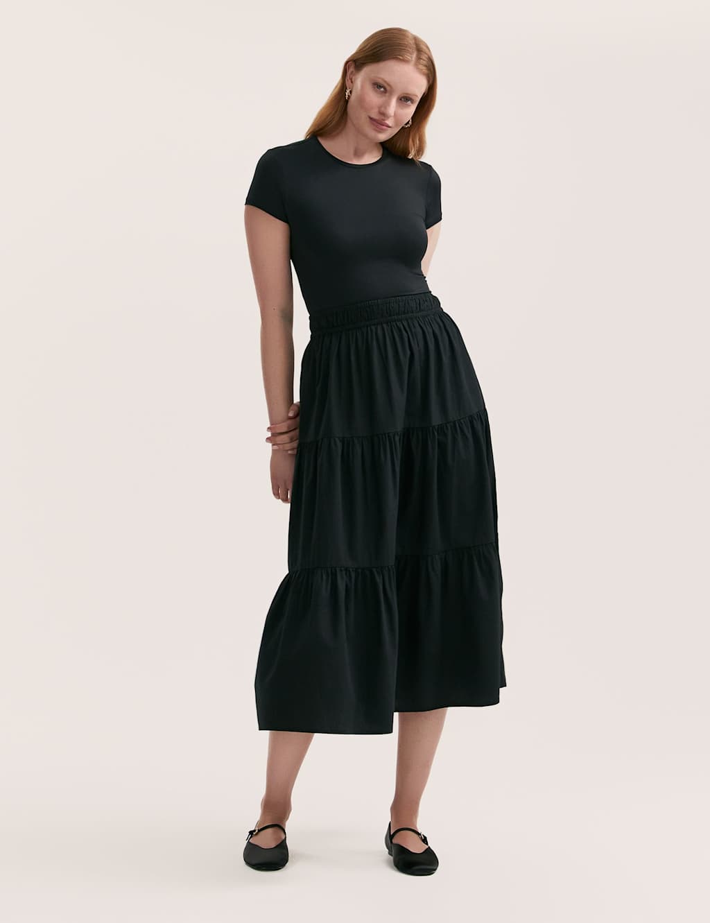 Pure Cotton Midi Tiered Skirt