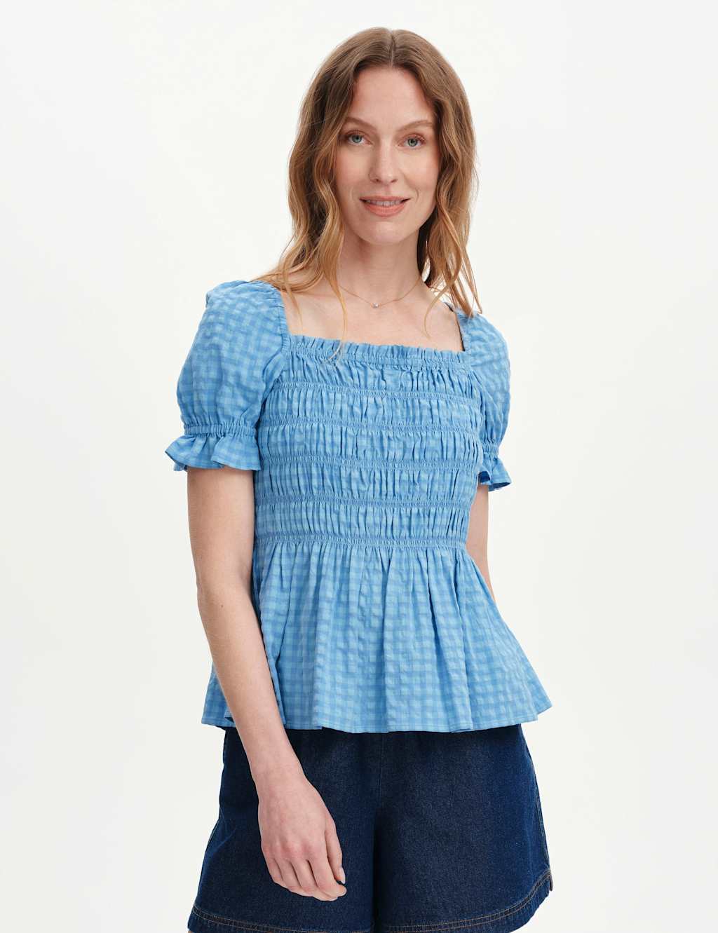 Finery London Women's Cotton Blend Seersucker Gingham Shirred Top - 16 - Blue - Available at M&S