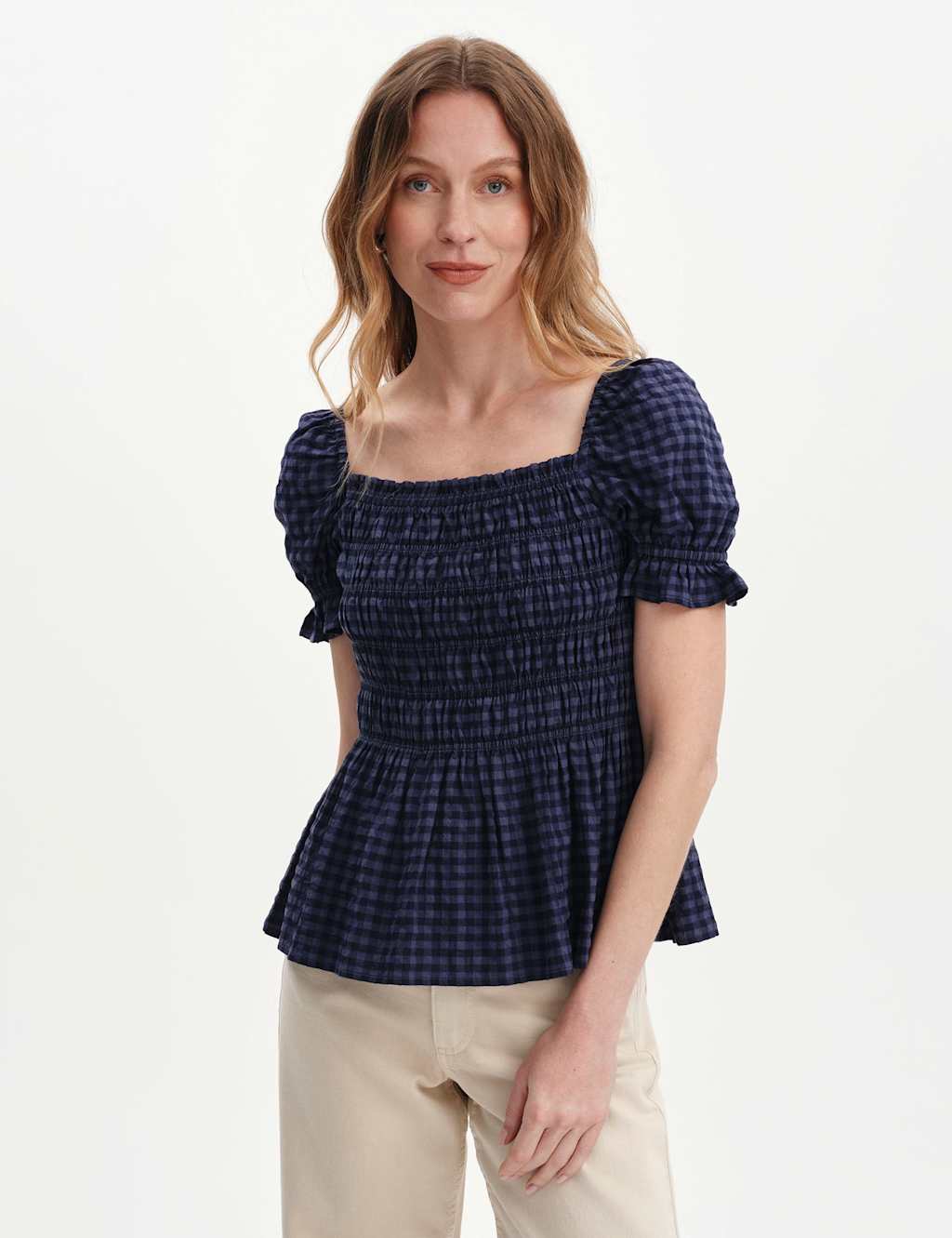 Finery London Women's Cotton Blend Seersucker Gingham Shirred Top - 20 - Navy - Available at M&S