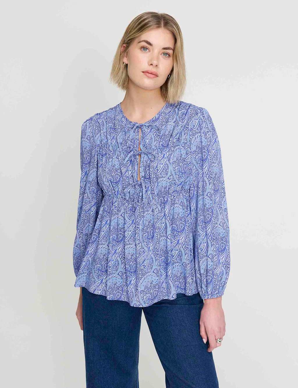 Finery London Women's Paisley Tie Front Top - 8 - Blue Mix - Available at M&S