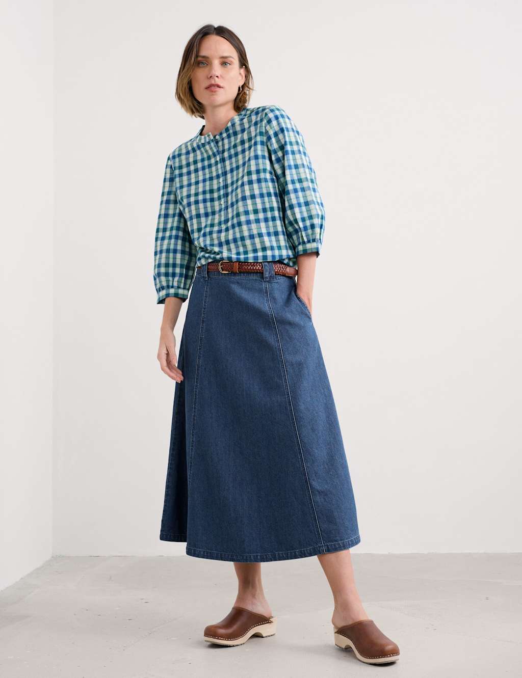 Seasalt Cornwall Pure Cotton Checked Top Teal Mix