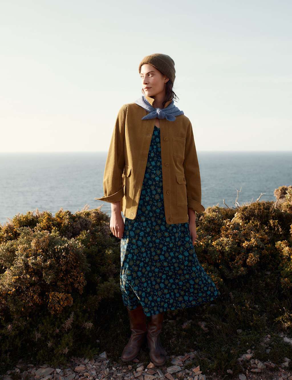 Seasalt Cornwall Cotton Modal Floral V-Neck Midi Waisted Dress Navy Mix