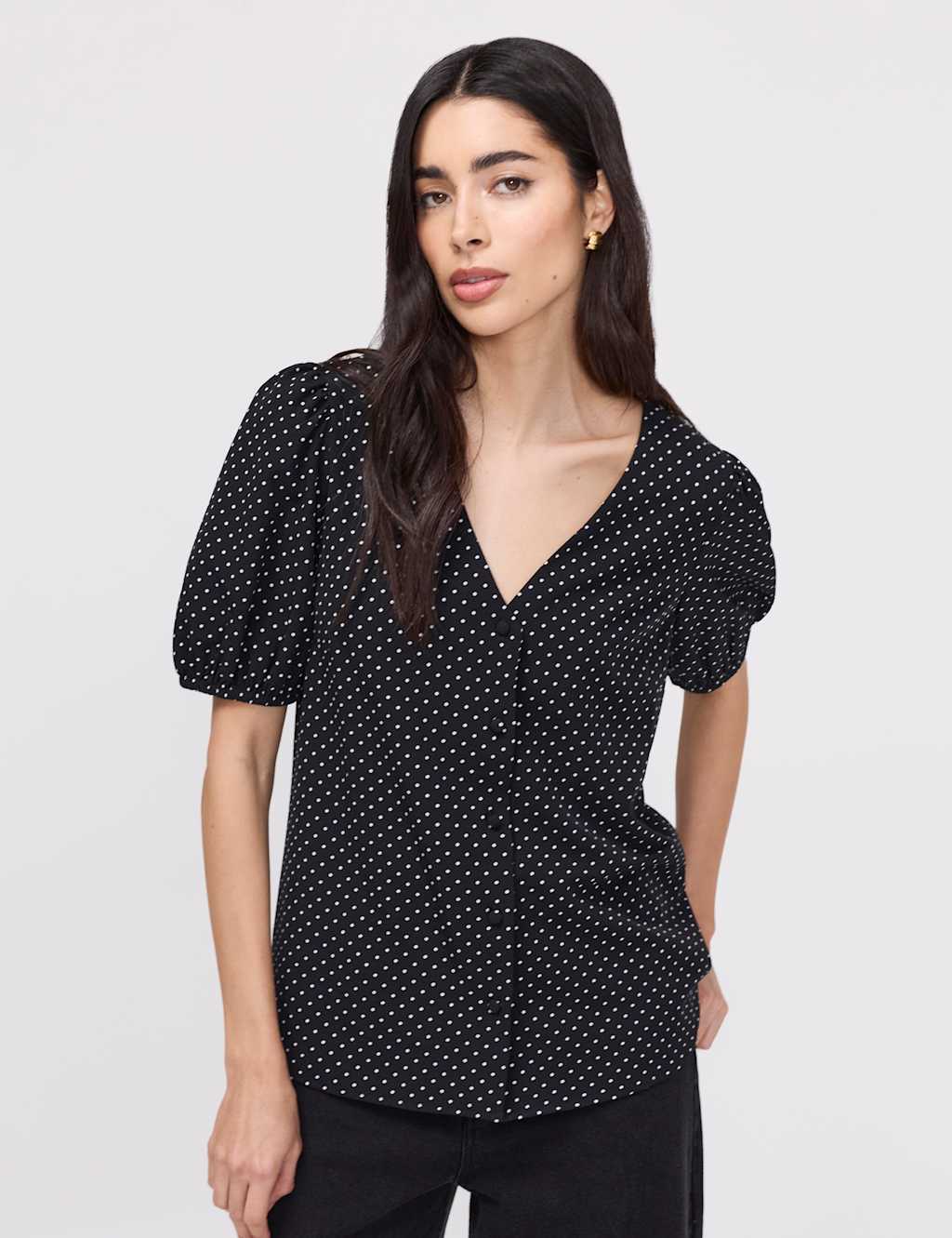 Finery London Women's Polka Dot Short Sleeve Button Through Top - 10 - Black Mix - Available at M&S