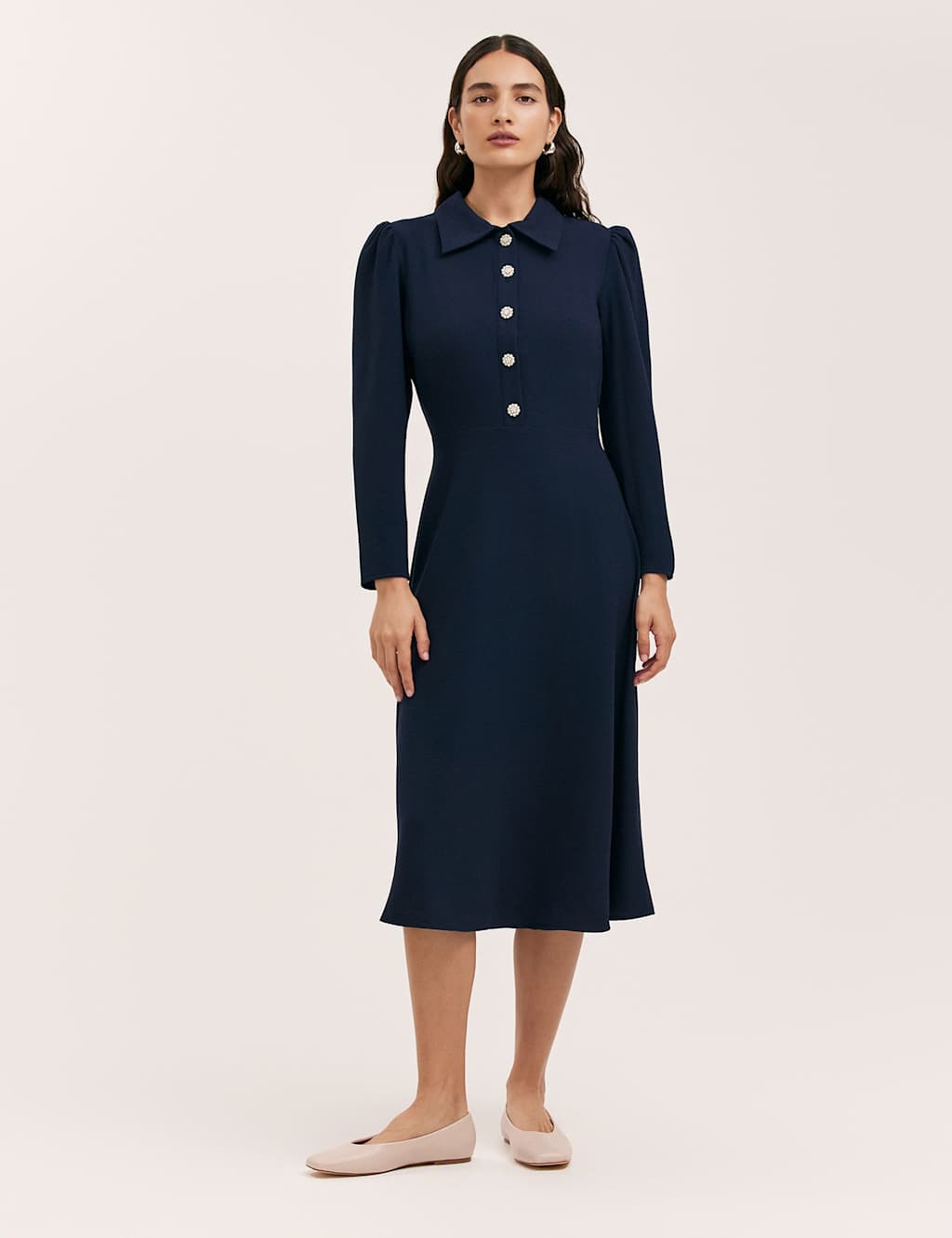 Finery London Crepe Button Front Midi Shirt Dress Navy