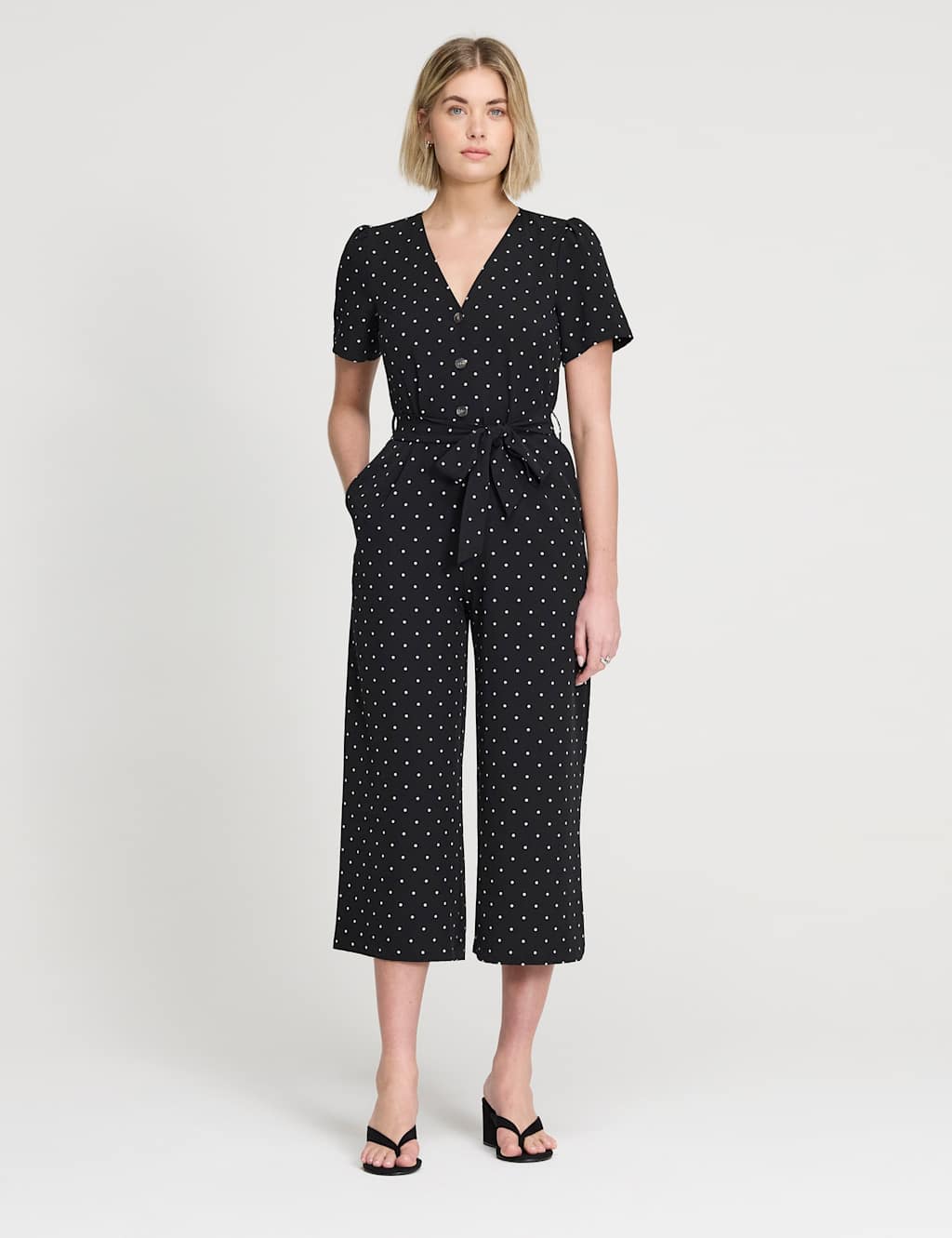 Finery London Women's Polka Dot Belted Cropped Wide Leg Jumpsuit - 14 - Black Mix - Available at M&S
