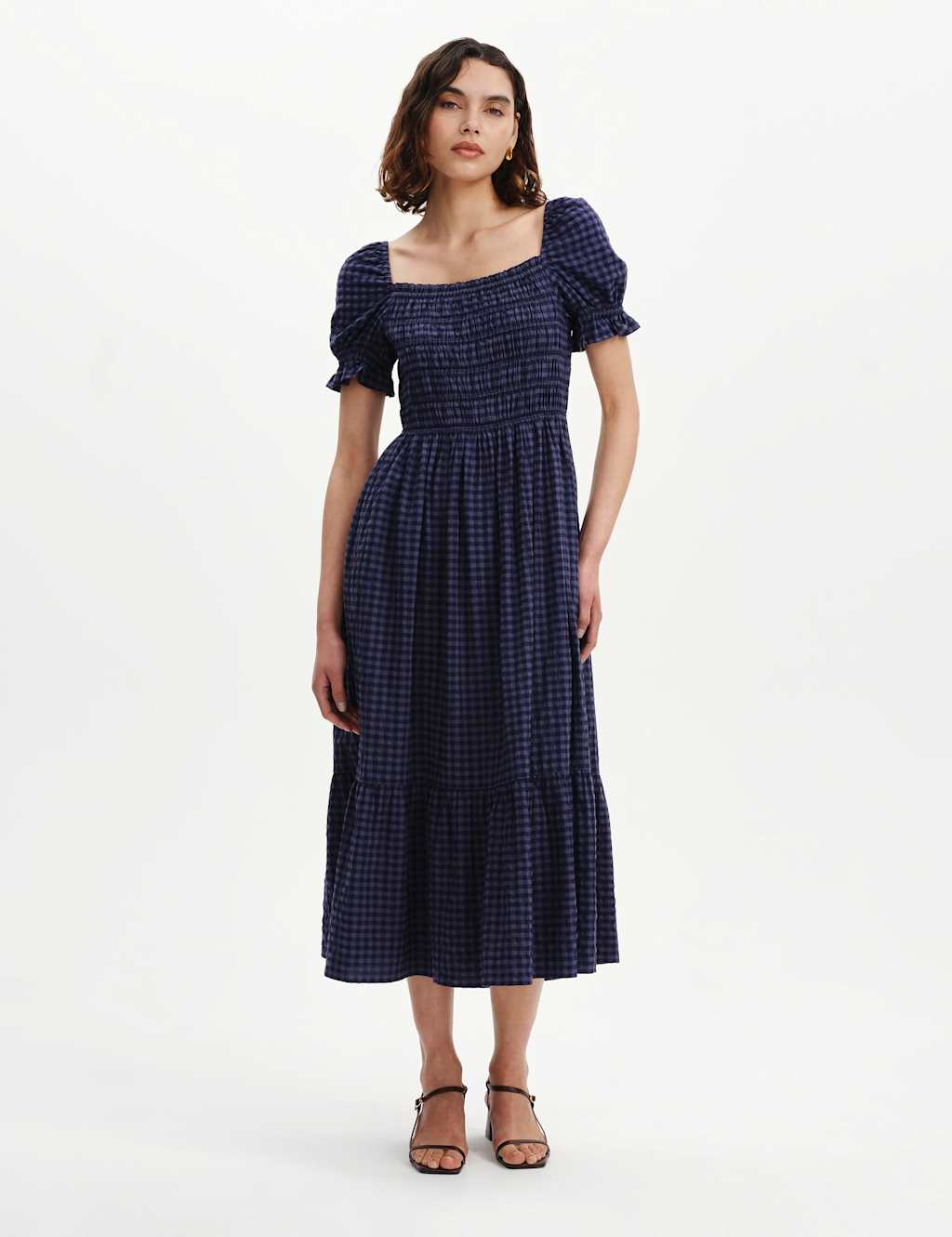 Finery London Women's Cotton Blend Gingham Square Neck Midi Dress - 16 - Navy Mix - Available at M&S