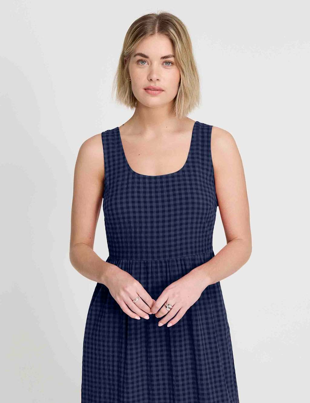 Finery London Women's Cotton Blend Gingham Midi Waisted Dress - 18 - Navy Mix - Available at M&S