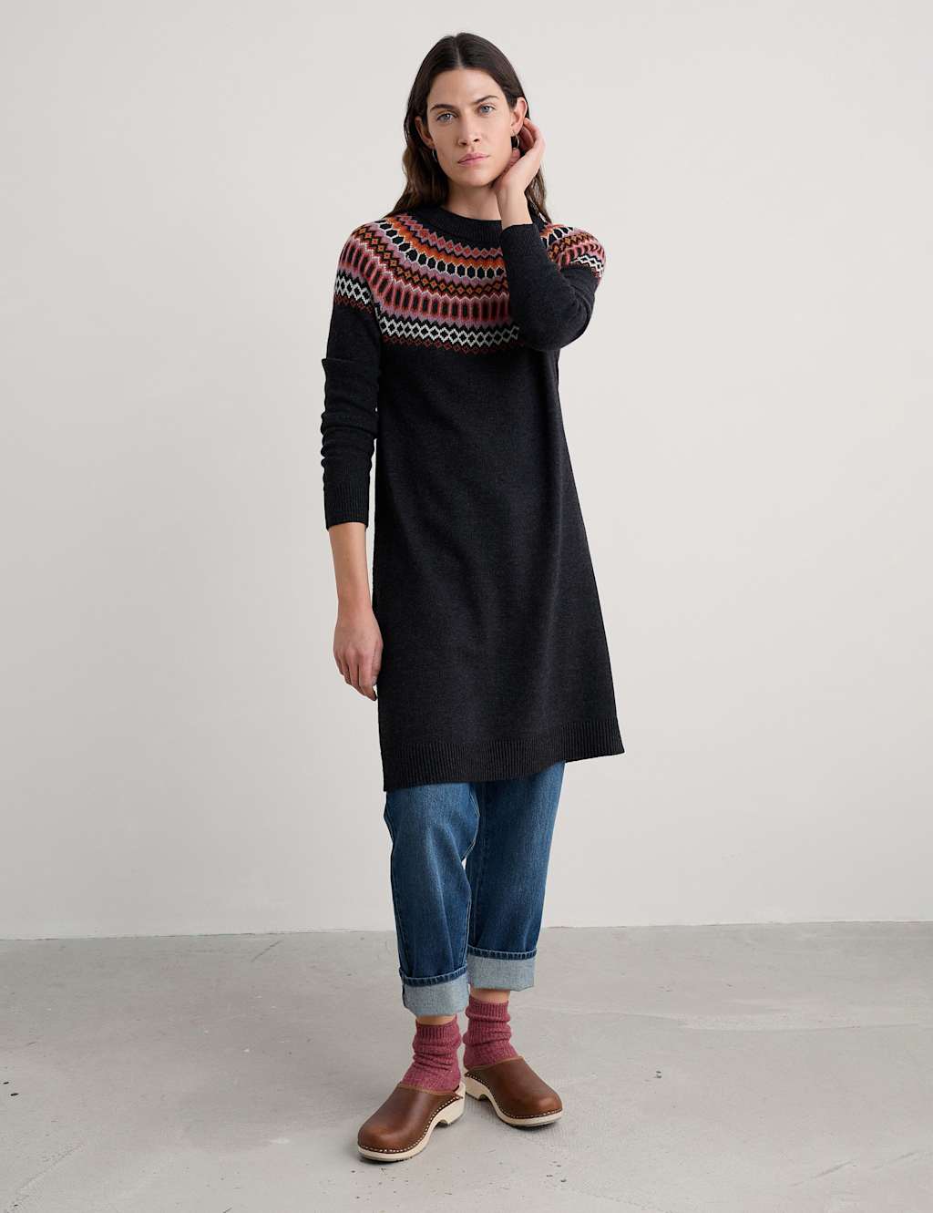 Seasalt Cornwall Cotton Blend Jacquard Jumper Dress with Wool Multi