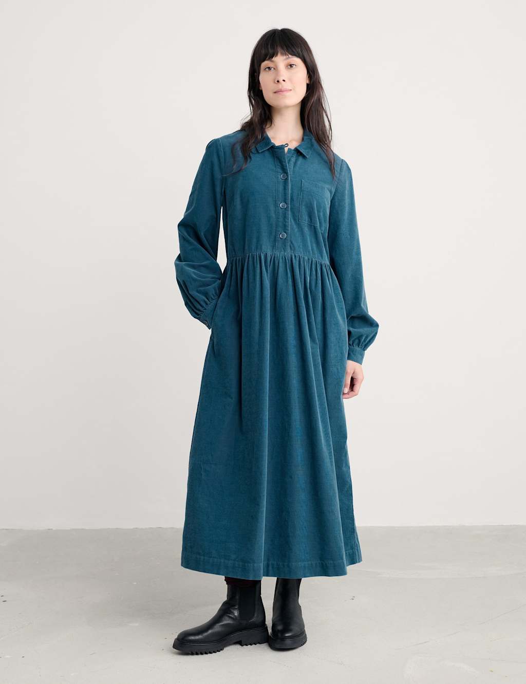 Seasalt Cornwall Pure Cotton Cord Midi Shirt Dress Teal