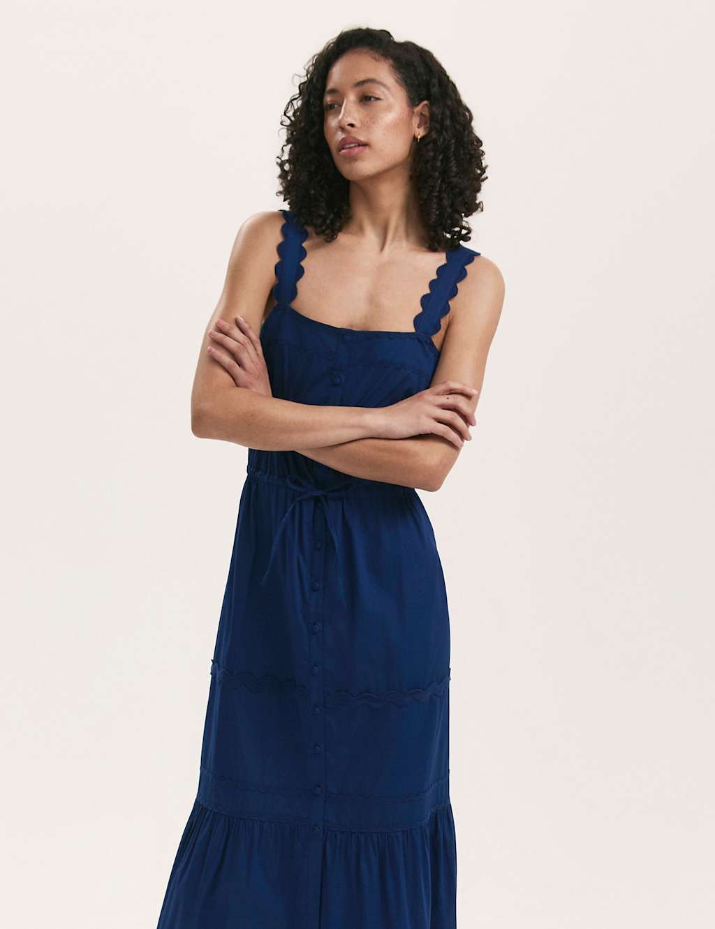 Pure Cotton Square Neck Midi Tiered Dress