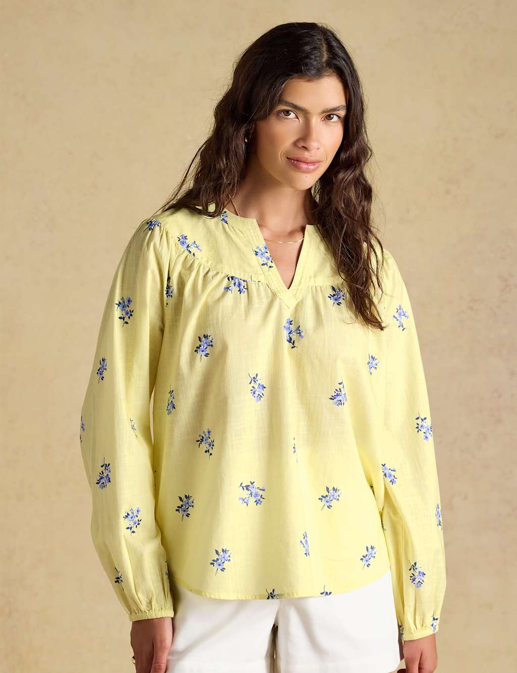 Joules Women's Pure Cotton Floral V-Neck Popover Blouse - 14 - Yellow Mix - Available at M&S