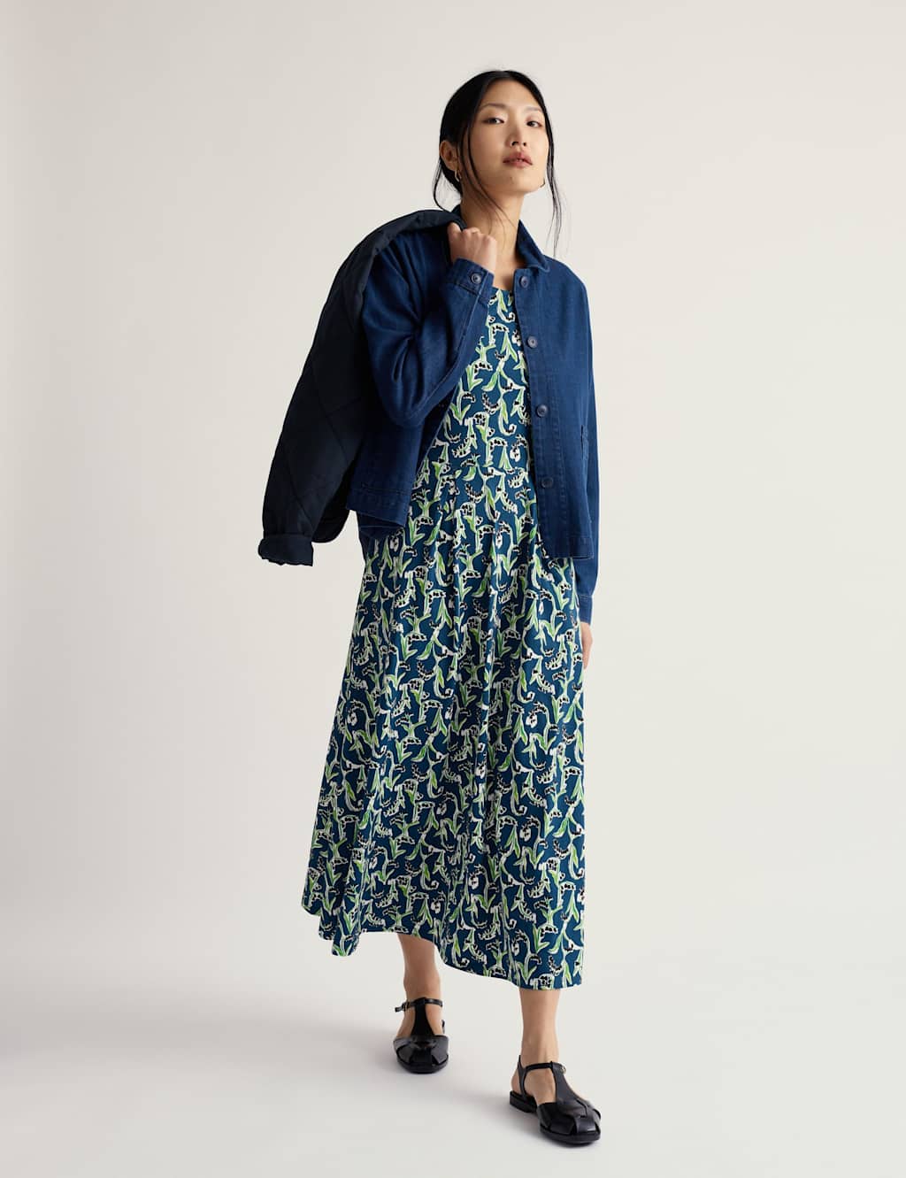 Seasalt Cornwall Women's Cotton Rich Floral Midi Waisted Dress - 14 - Blue Mix - Available at M&S