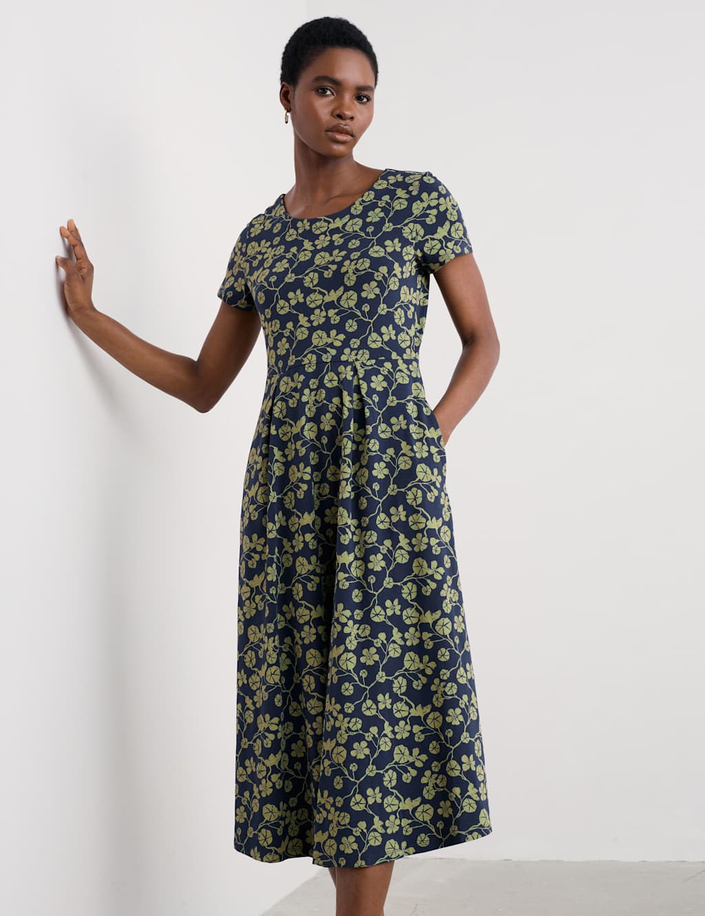 Seasalt Cornwall Cotton Rich Floral Midi Waisted Dress Navy Mix