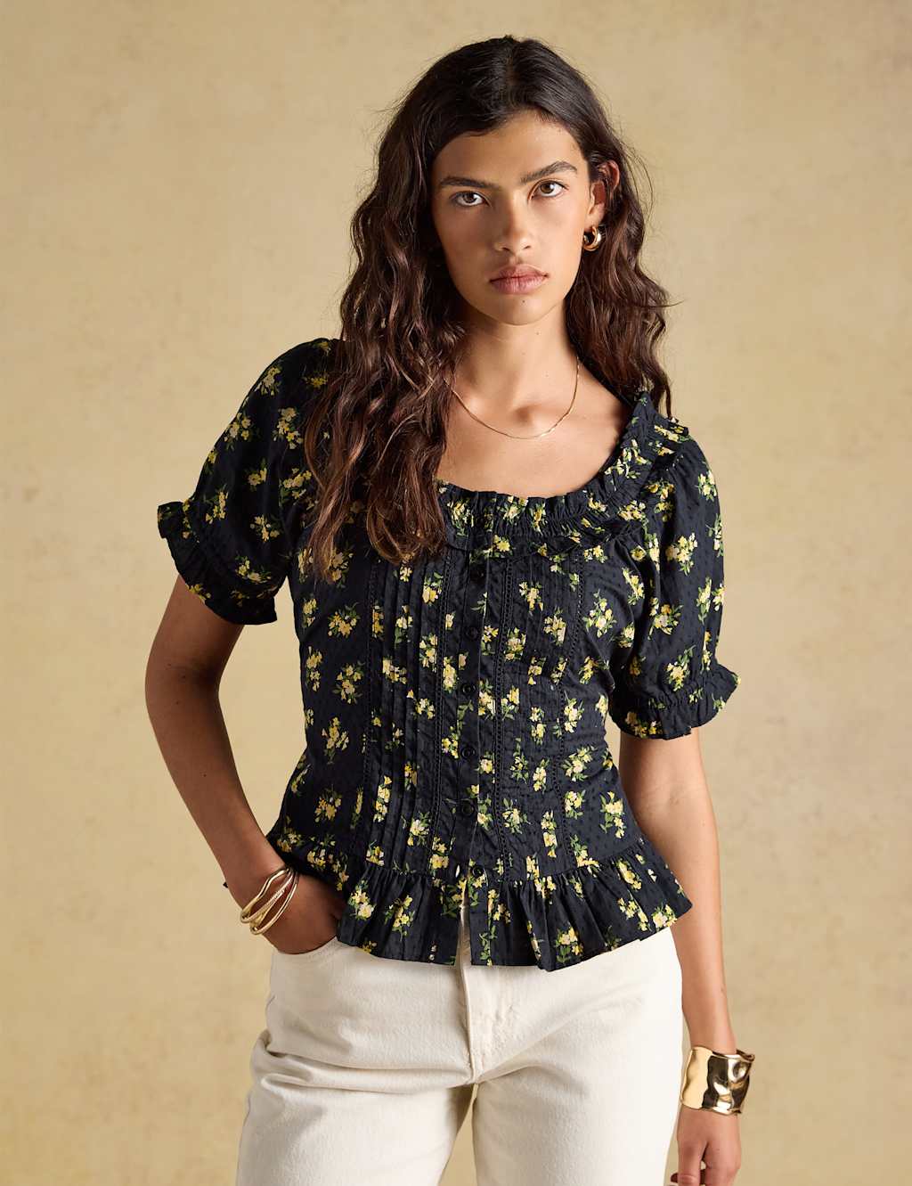 Joules Women's Pure Cotton Floral Frill Detail Blouse - 10 - Black Mix - Available at M&S