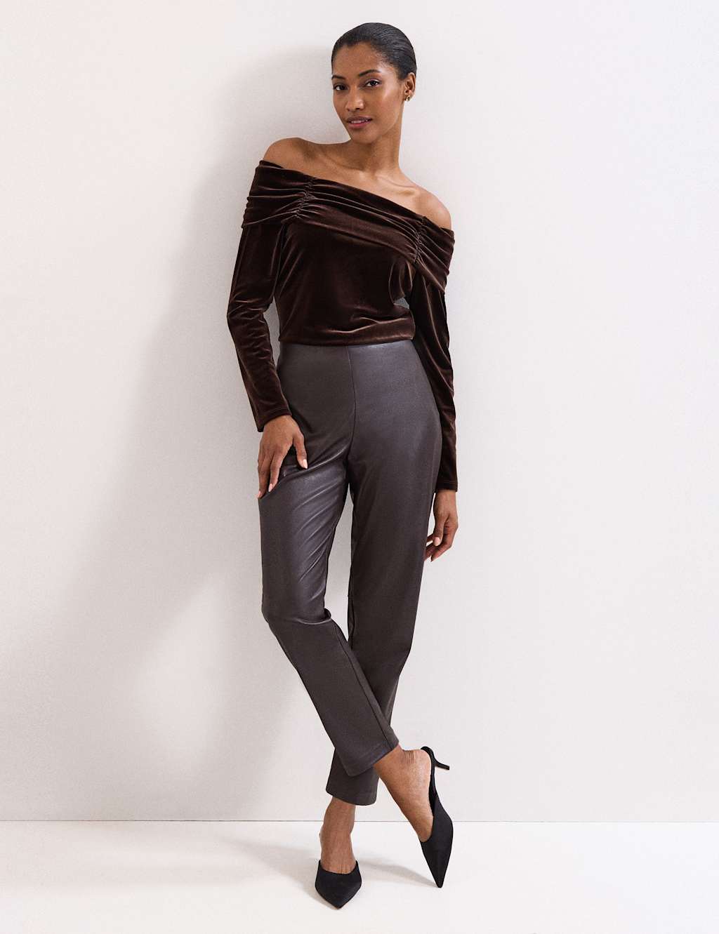 Phase Eight Leather Look Straight Leg Cropped Trousers Brown