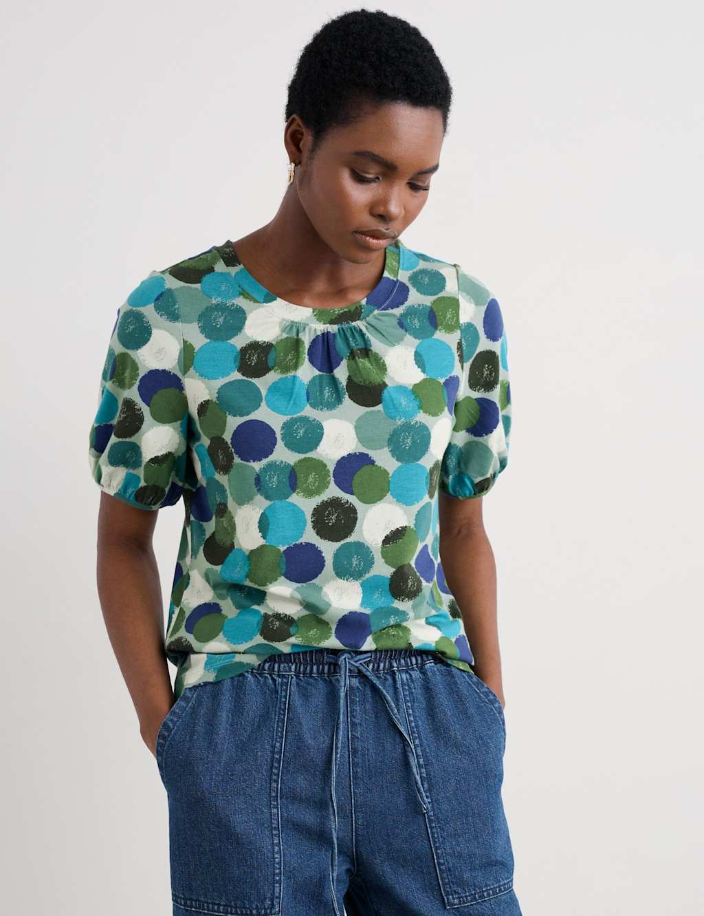 Seasalt Cornwall Cotton Rich Geometric Top Teal Mix