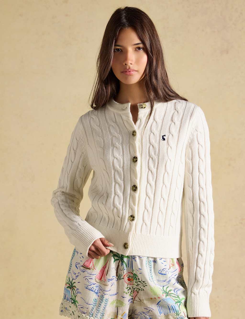 Joules Women's Cable Knit Button Up Cardigan with Wool - 18 - Cream Mix - Available at M&S