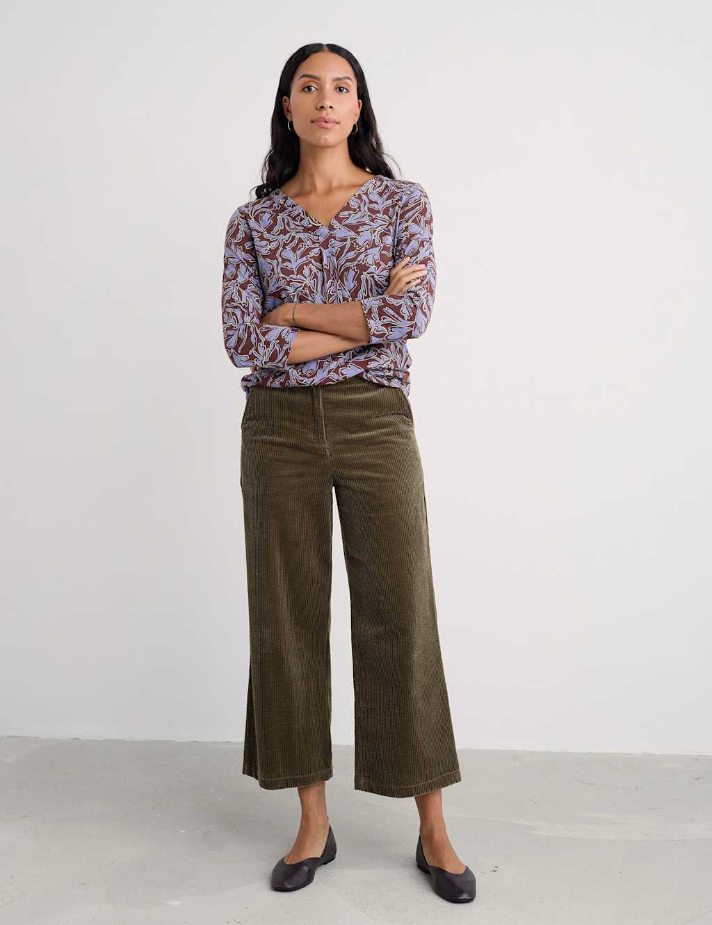 Seasalt Cornwall Cotton Modal Blend Floral V-Neck Top Purple Mix