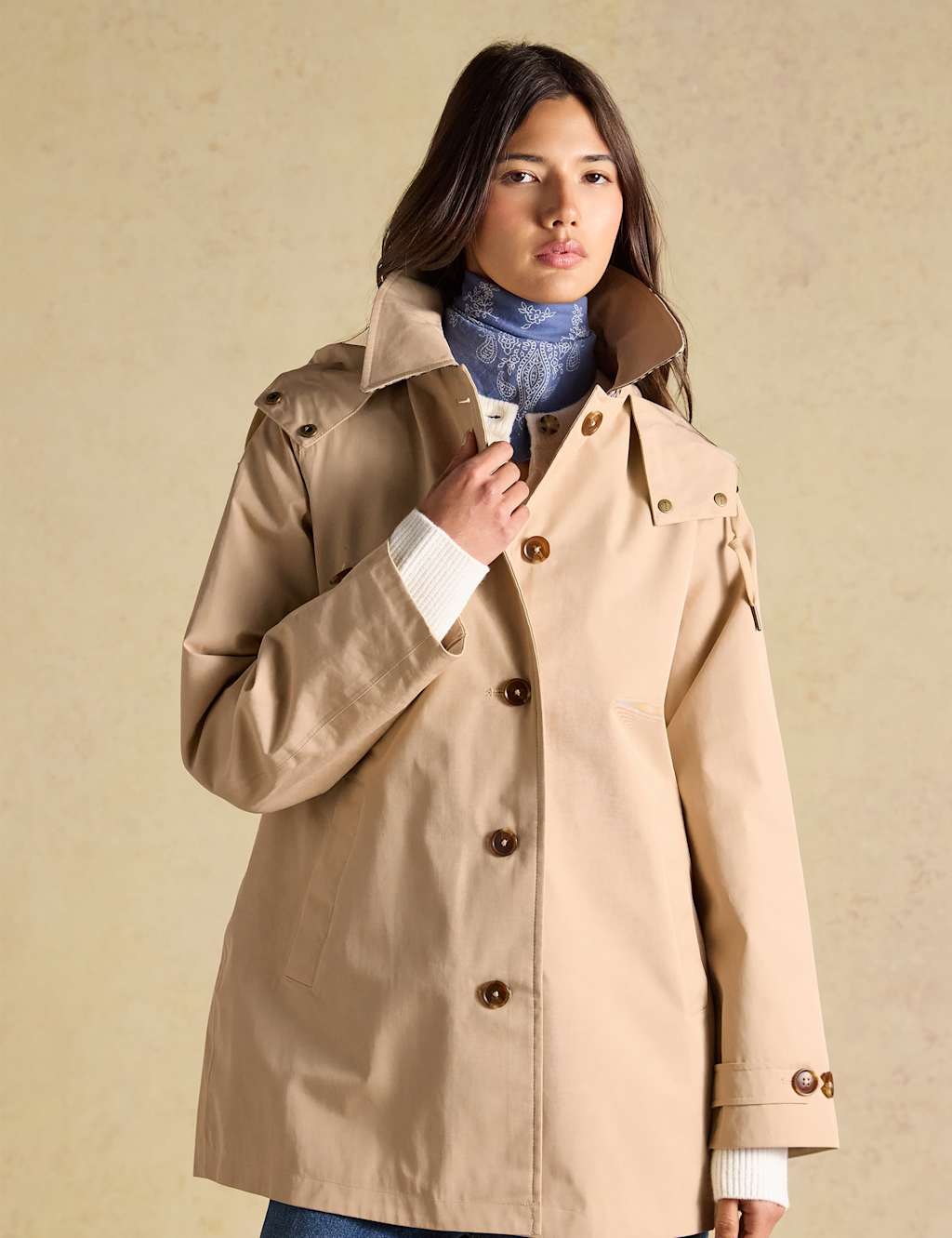 Joules Women's Cotton Rich Waterproof Hooded Raincoat - 12 - Natural Mix - Available at M&S