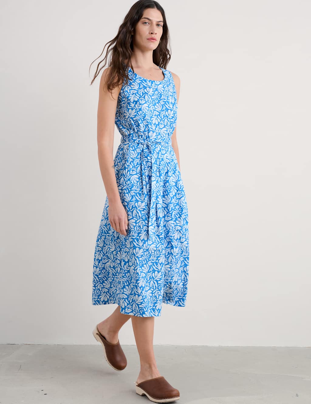 Pure Cotton Floral Midi Waisted Dress