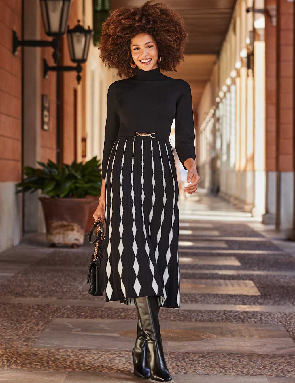 SOSANDAR Knitted Funnel Neck Belted Midi Skater Dress Black Mix