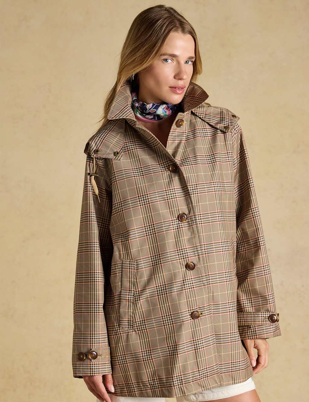 Joules Women's Waterproof Checked Hooded Raincoat - 6 - Brown Mix - Available at M&S