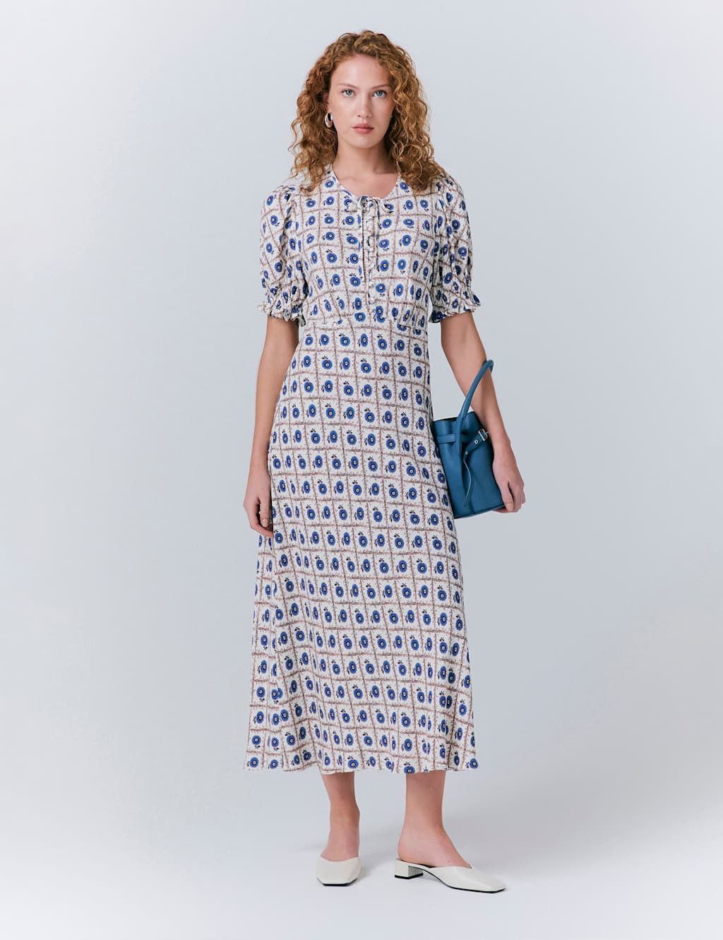 Crepe Floral Tie Neck Midi Smock Dress