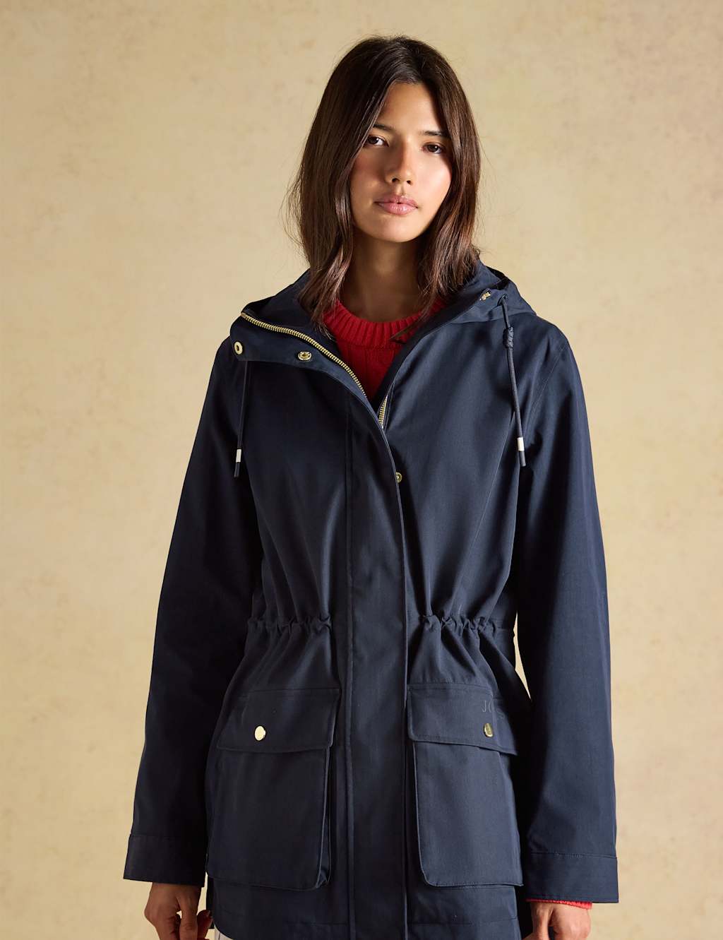 Joules Women's Cotton Rich Waterproof Hooded Raincoat - 10 - Navy - Available at M&S