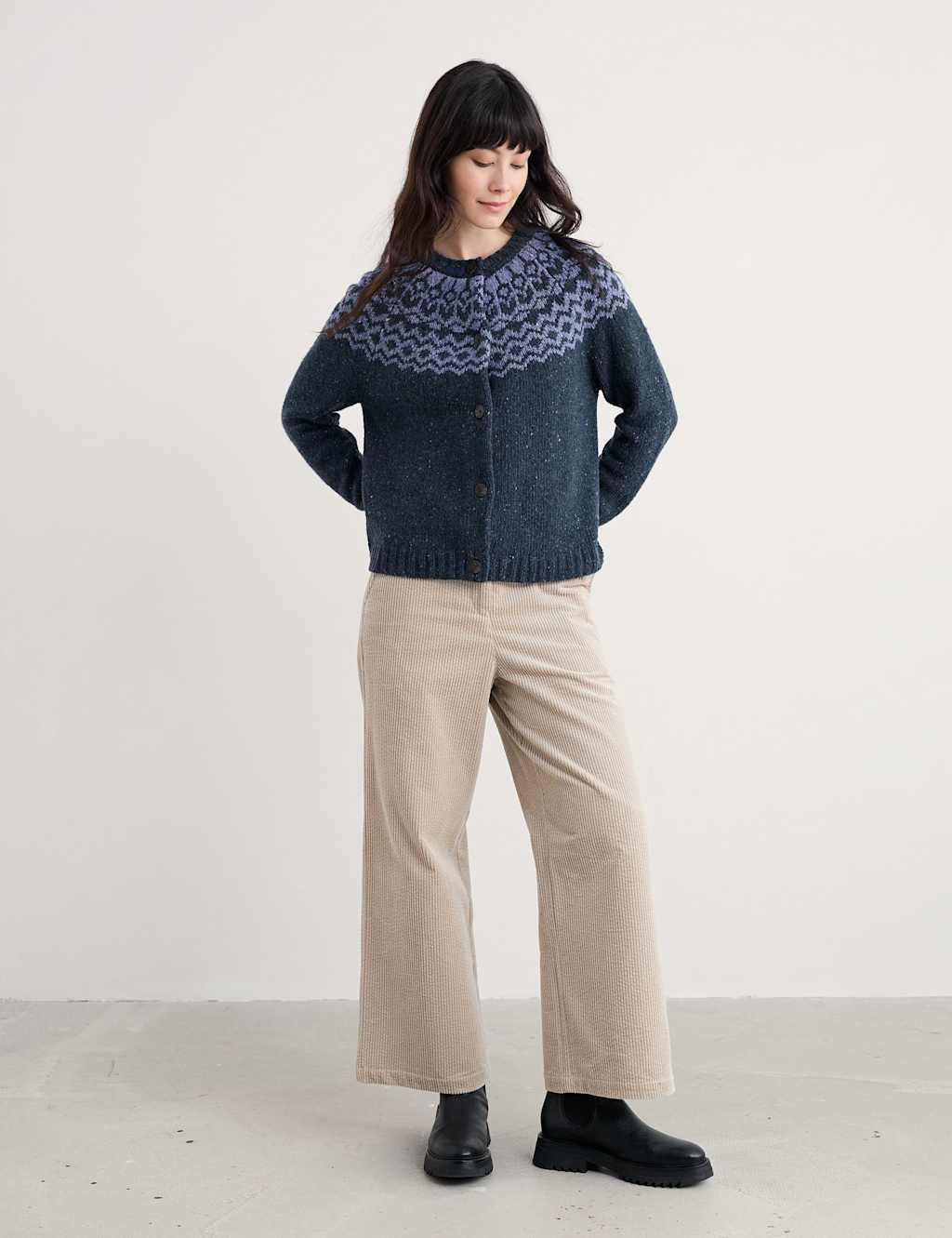 Seasalt Cornwall Merino Wool Rich Fair Isle Cardigan Navy Mix