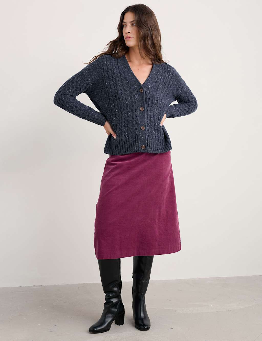Seasalt Cornwall Merino Wool Rich Textured V-Neck Cardigan Navy