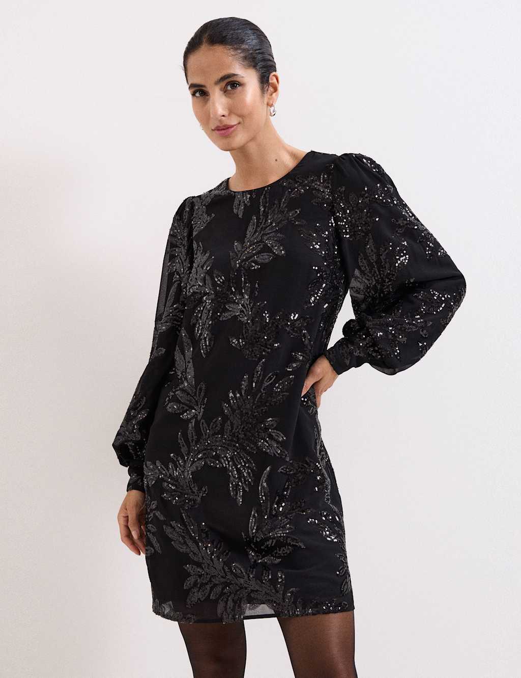 Phase Eight Botanical Sequin Round Neck Mini Shift Dress Black