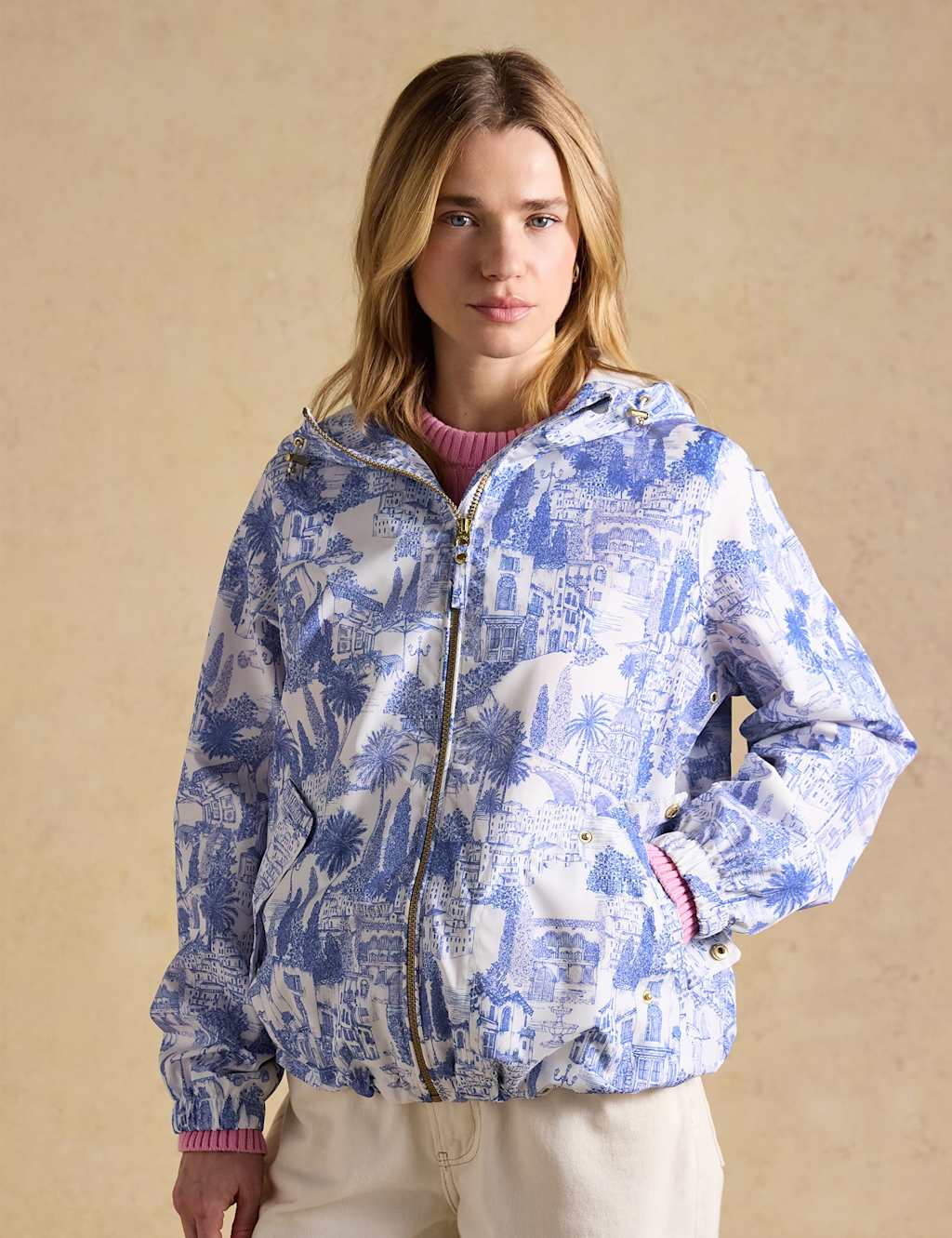 Joules Women's Printed Hooded Packaway Waterproof Raincoat - 20 - Cream Mix - Available at M&S