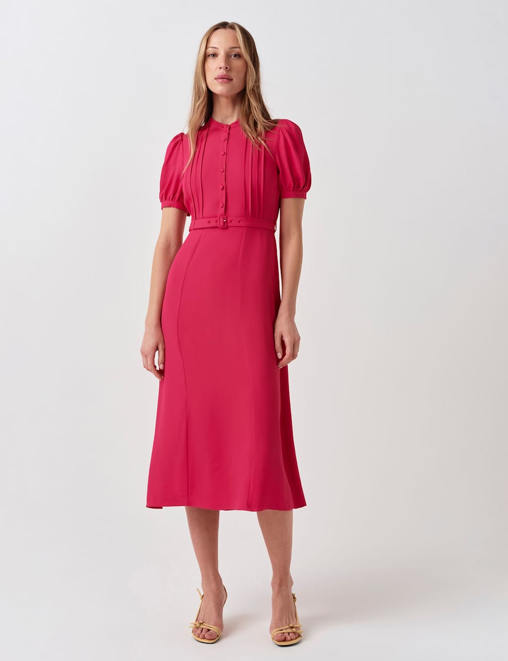 Ghost Women's Crepe Round Neck Midi Waisted Tea Dress - 18 - Bright Pink - Available at M&S