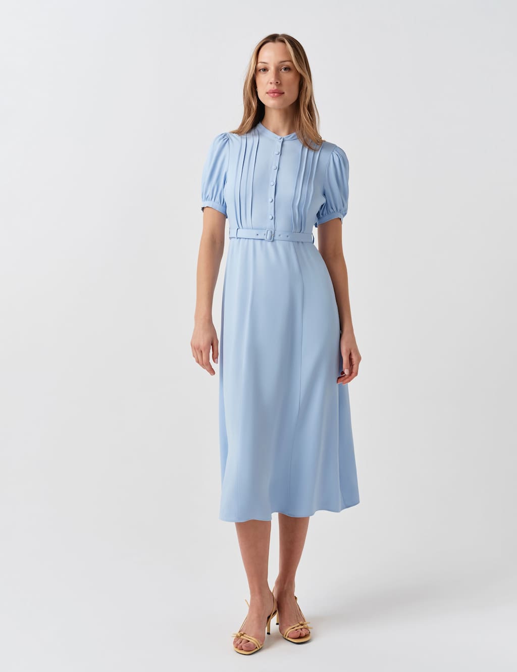 Ghost Women's Crepe Round Neck Midi Waisted Tea Dress - 12 - Light Blue - Available at M&S