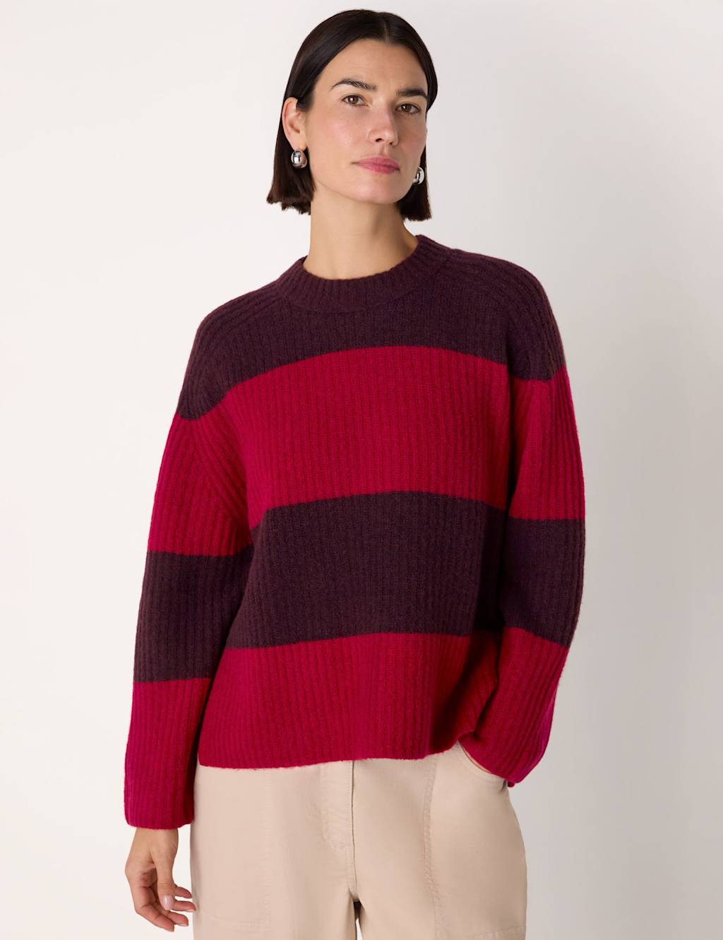 Whistles Wool Blend Striped Crew Neck Jumper Red Mix