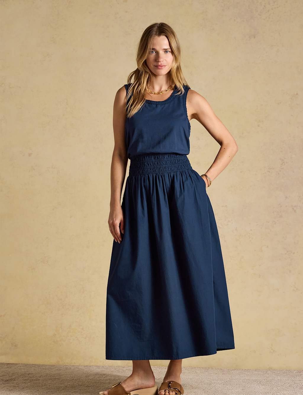 Joules Women's Pure Cotton Round Neck Midi Shirred Dress - 18 - Navy - Available at M&S